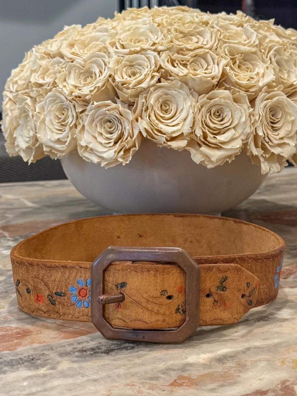 Vintage 1970s Hand Painted Tooled Leather Floral Belt XS Boho Hippie Western